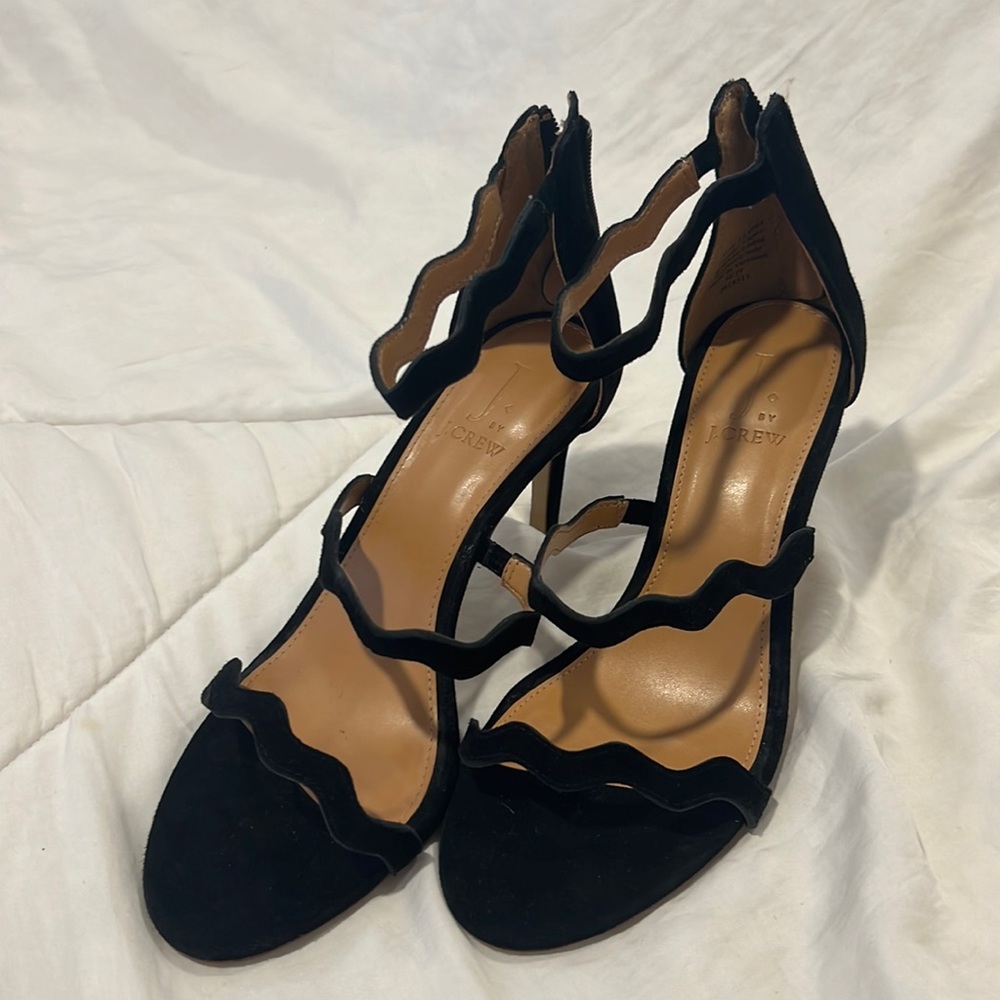 J. Crew suede heels with scalloped wave straps
